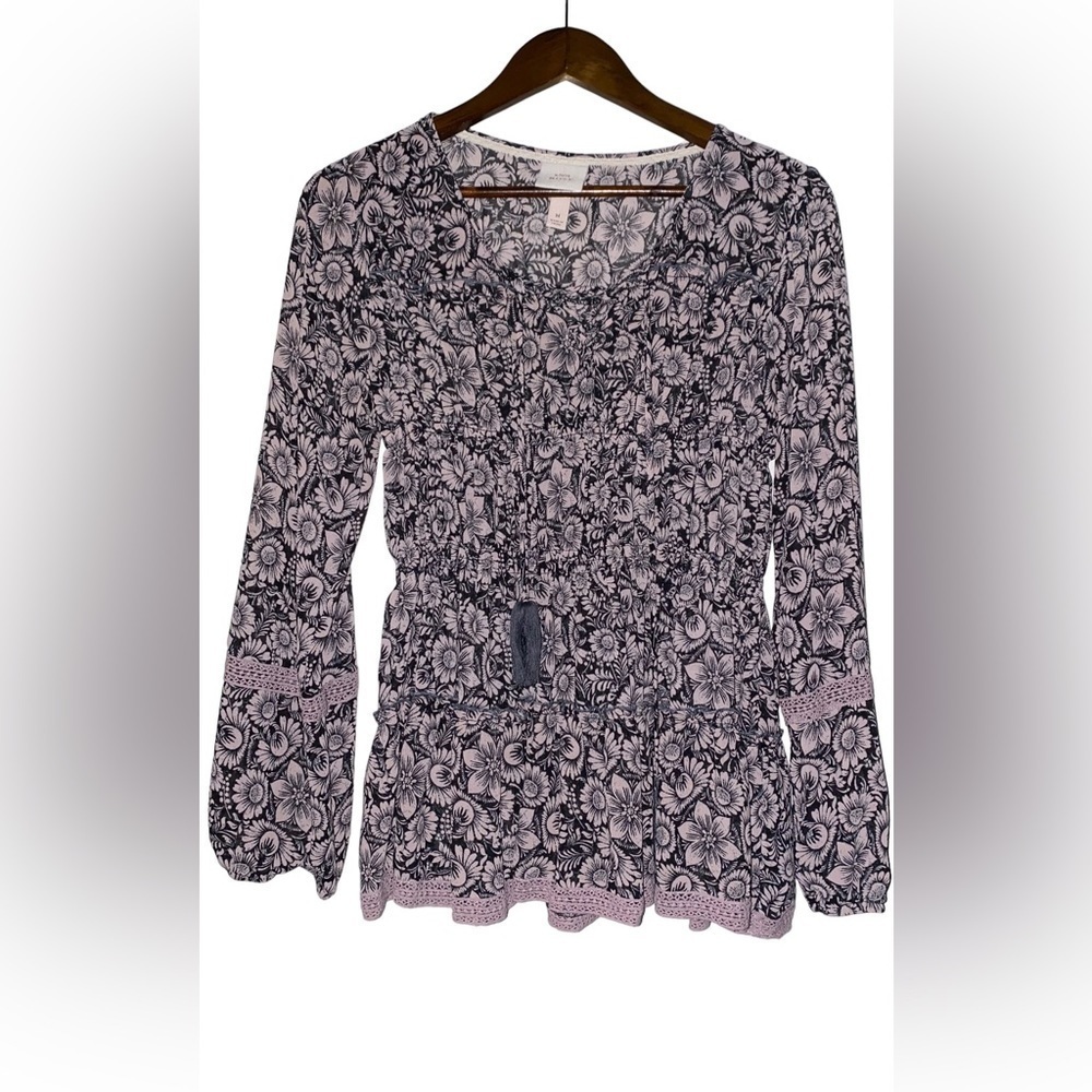 Knox Rose Top Women M Floral Lace Inlay Hippie Boho Long Sleeve Tiered Pullover